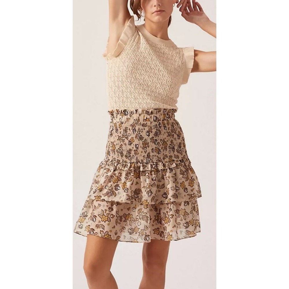 Current Air Mixed Media Dress Smocked Neutral Floral S Cottagecore Prairie Boho